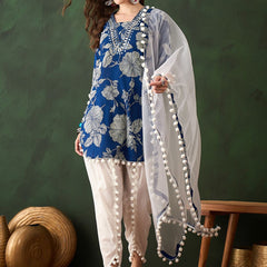 Blue Floral Printed Mirror Work Pure Cotton Kurta With Dhoti Pant & Dupatta