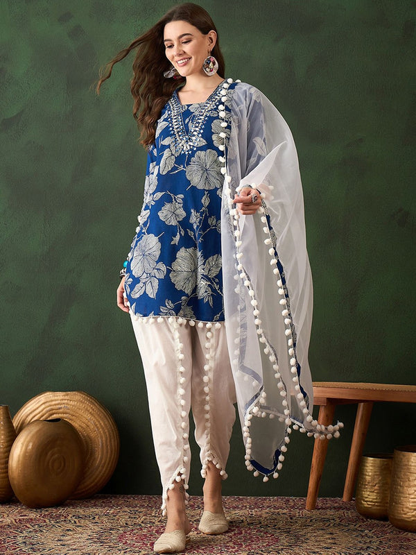 Blue Floral Printed Mirror Work Pure Cotton Kurta With Dhoti Pant & Dupatta