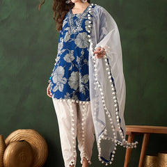 Floral Printed Mirror Work Pure Cotton Kurta With Dhoti Pant & Dupatta