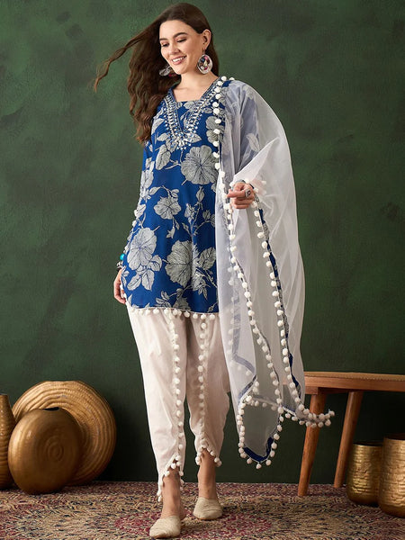 Floral Printed Mirror Work Pure Cotton Kurta With Dhoti Pant & Dupatta