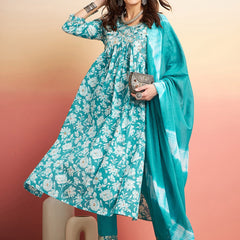 Floral Printed Thread Work Pure Cotton A-Line Kurta & Trousers With Dupatta