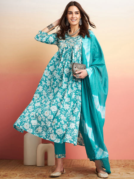 Floral Printed Thread Work Pure Cotton A-Line Kurta & Trousers With Dupatta