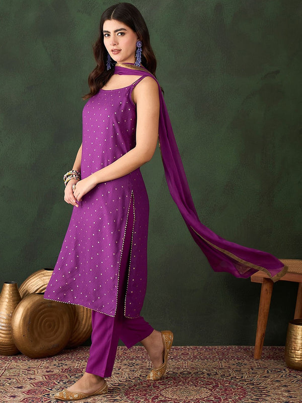 Floral Printed Gotta Patti Shoulder Straps Straight Kurta & Trouser With Dupatta