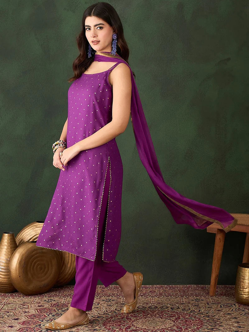 Embroidered Shoulder Straps Straight Kurta With Trousers & Dupatta