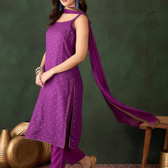Embroidered Shoulder Straps Straight Kurta With Trousers & Dupatta