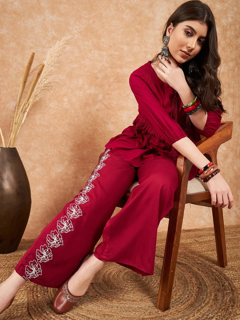 Embellished Lace Up Detail Top & Palazzo Co-Ords Set