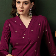 Burgundy Floral Printed V-Neck Straight Kurta With Trousers