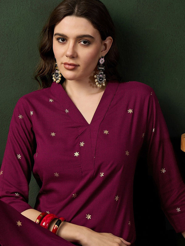 Burgundy Floral Printed V-Neck Straight Kurta With Trousers