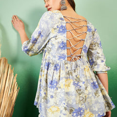 Floral Printed Pleated Round Neck Kurti