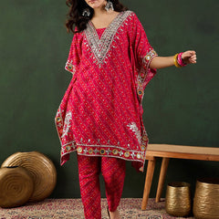 Red Bandhani Printed Regular Mirror Work Kaftan Kurta With Trouser