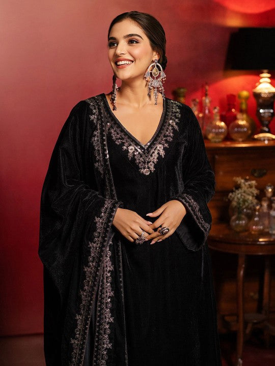 Black Embroidered Yoke Design Velvet Straight Kurta With Trousers & Dupatta Kurta Set