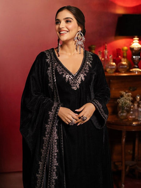 Black Embroidered Yoke Design Velvet Straight Kurta With Trousers & Dupatta Kurta Set