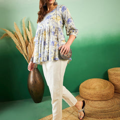 Floral Printed Pleated Round Neck Kurti
