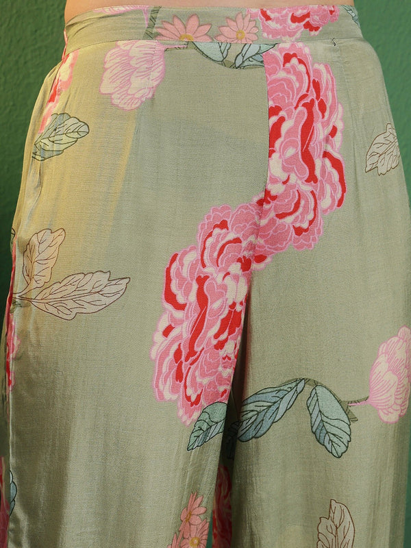 Floral Printed Shirt Collar Mirror Work Pathani Kurta & Trousers