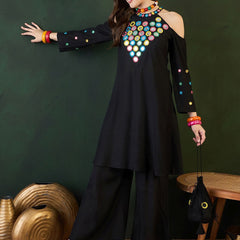 Embroidered Halter Neck Kurta & Palazzo With Bag