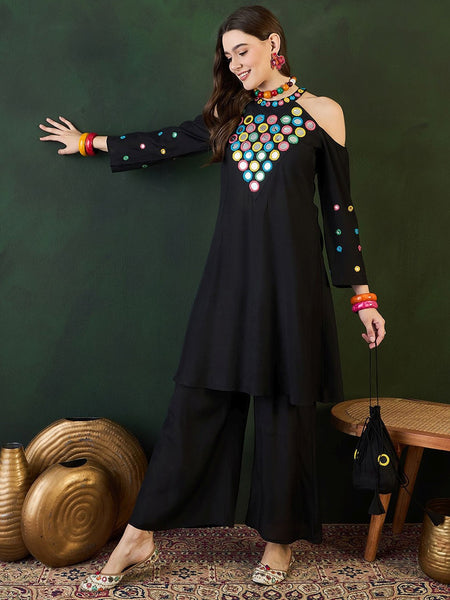 Embroidered Halter Neck Kurta & Palazzo With Bag