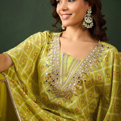 Bandhani Printed Gotta Patti Asymmetric Kaftan With Dhoti Pant