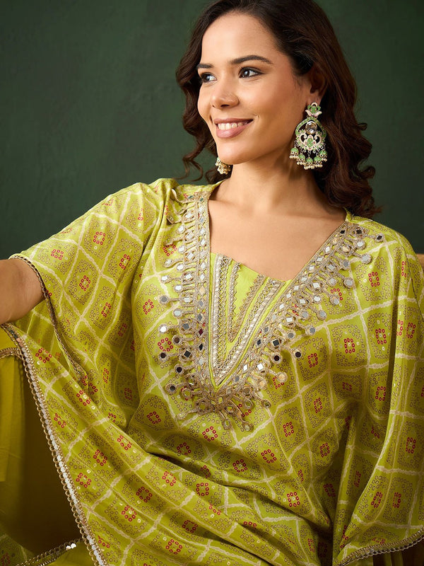 Bandhani Printed Gotta Patti Asymmetric Kaftan With Dhoti Pant