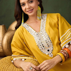 Yellow Geometric Embroidered Mirror Work Roman Silk Kurta With Trouser