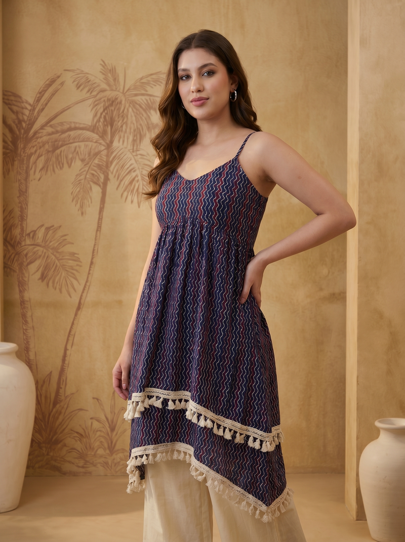 Navy Blue Ethnic Motif Print Shoulder Straps A-Line Kurta With Palazzo Kurta Set