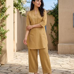Beige Mandarin Collar Pure Cotton Tunic With Trousers Kurta Set