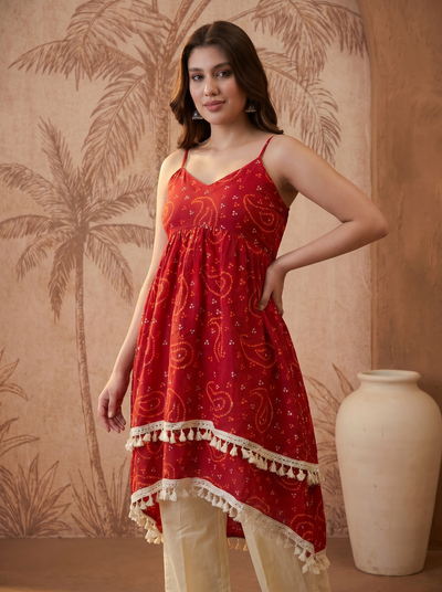 Red Bhandhej Print Shoulder Straps A-Line Kurta With Palazzo Kurta Set