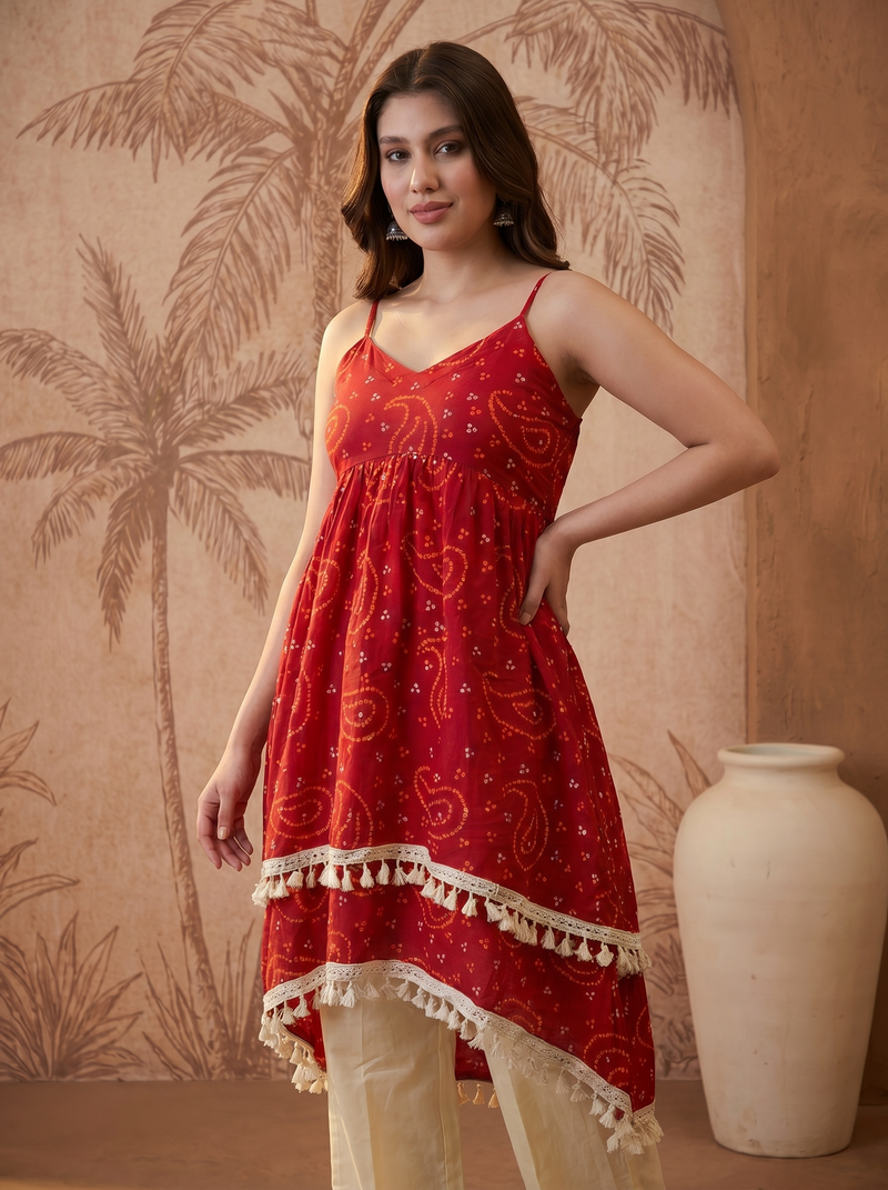 Red Bhandhej Print Shoulder Straps A-Line Kurta With Palazzo Kurta Set