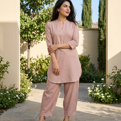 Beige Mandarin Collar Pure Cotton Tunic With Trousers Kurta Set