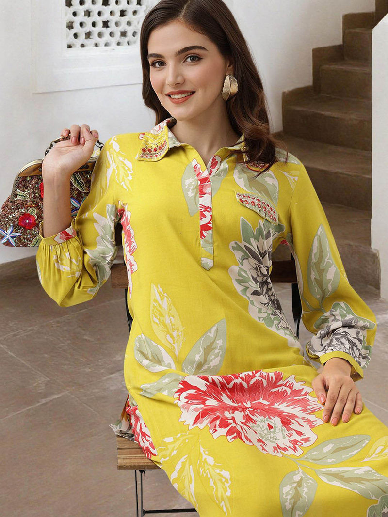 Floral Printed & Mirror Work Pathani Kurta With Trousers Kurta Set