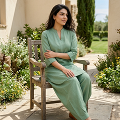 Beige Mandarin Collar Pure Cotton Tunic With Trousers Kurta Set