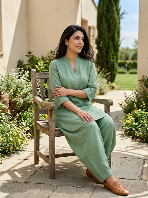 Beige Mandarin Collar Pure Cotton Tunic With Trousers Kurta Set