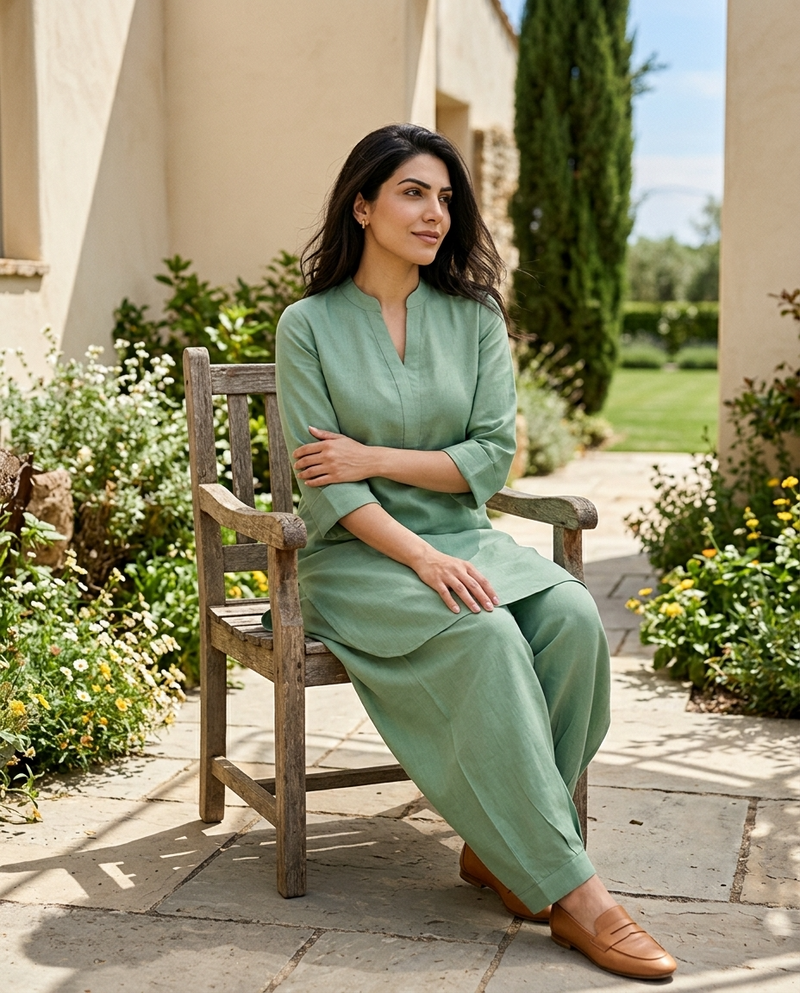 Mint Green Mandarin Collar Pure Cotton Tunic With Trousers Kurta Set