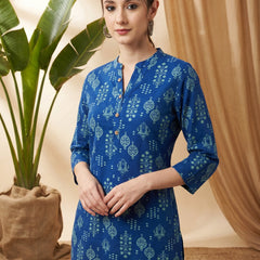 Indigo Blue Ethnic Motif Print Straight Short Kurtis