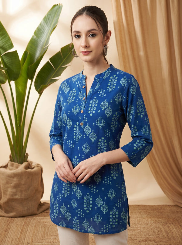 Indigo Blue Ethnic Motif Print Straight Short Kurtis