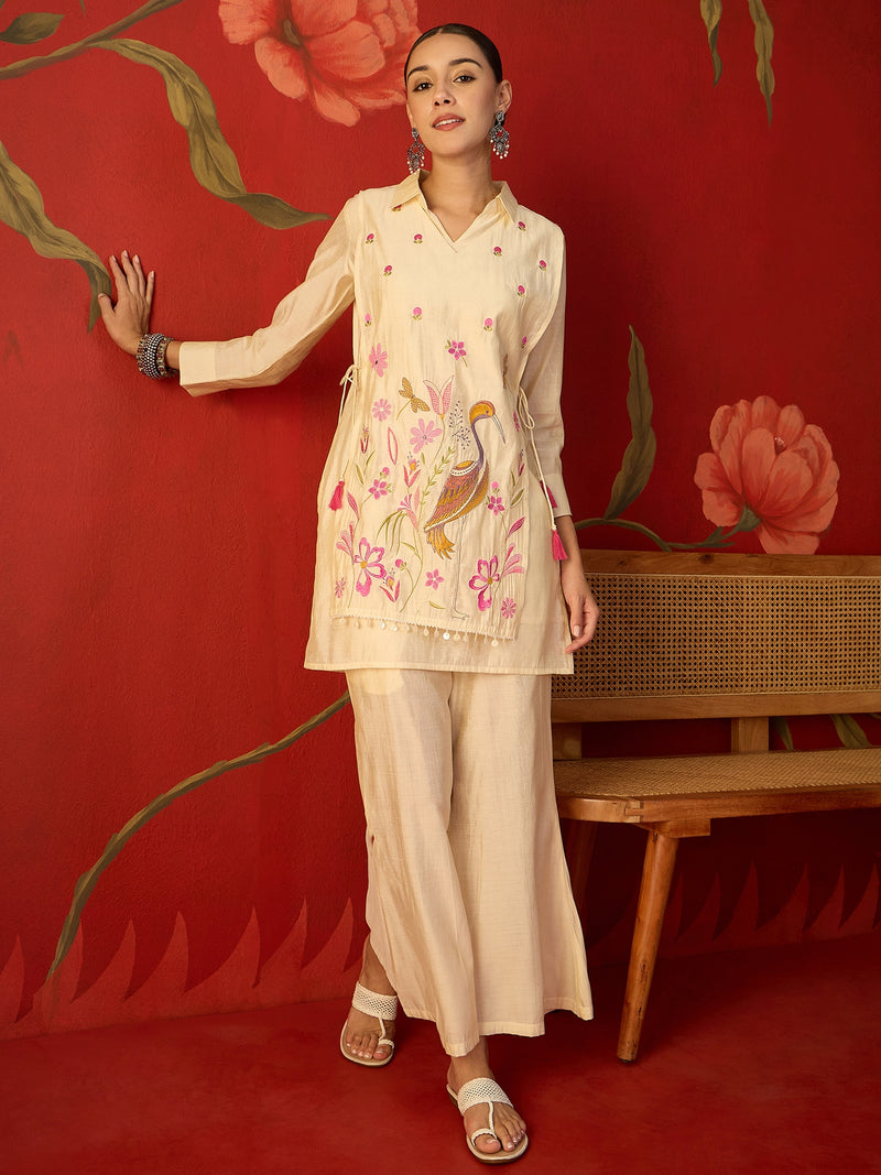 Off White Floral Embroidered & Mirror Work Tunic With Jacket And Trouser Co-Ords Set