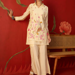Off White Floral Embroidered & Mirror Work Tunic With Jacket And Trouser Co-Ords Set