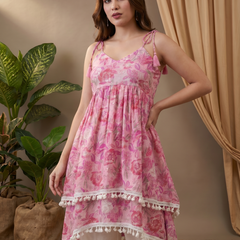 Firozi Floral Print Shoulder Straps A-Line Kurta With Palazzo Kurta Set