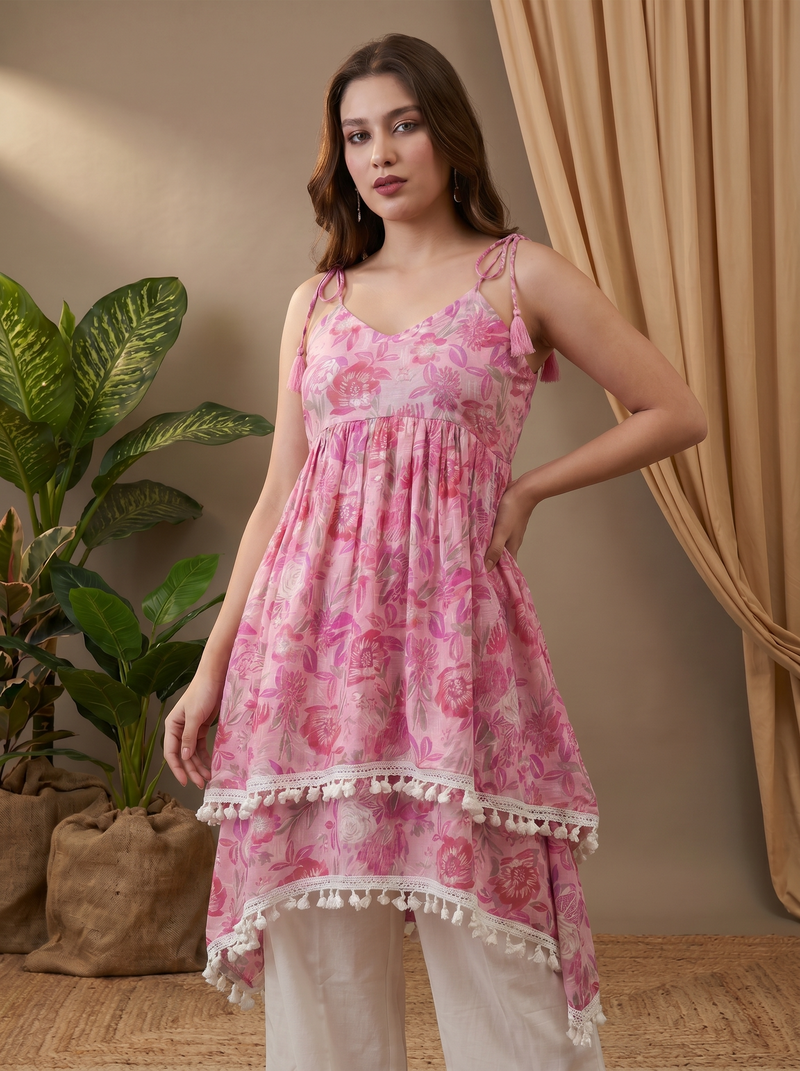Light Pink Floral Print Shoulder Straps A-Line Kurta With Palazzo Kurta Set