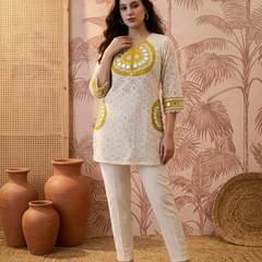 Cotton Schiffle & Mirror Work Tunic With Trouser Co-Ords Set