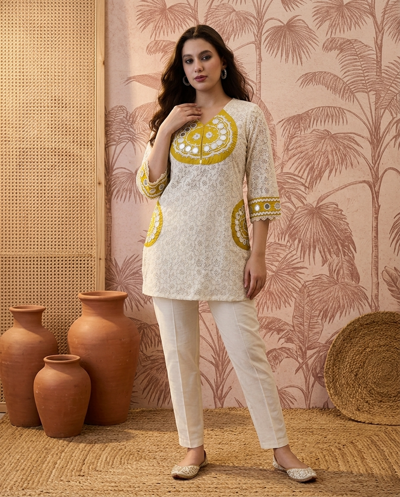 Cotton Schiffle & Mirror Work Tunic With Trouser Co-Ords Set