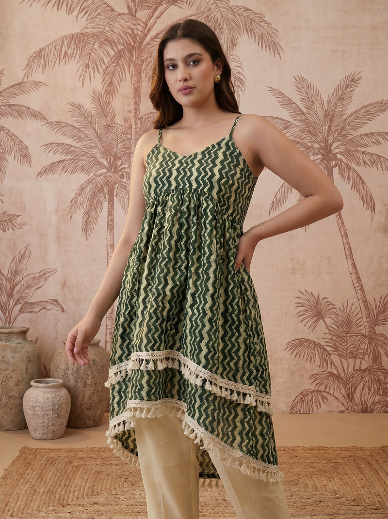 Firozi Floral Print Shoulder Straps A-Line Kurta With Palazzo Kurta Set