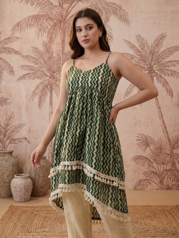 Floral Print Shoulder Straps A-Line Kurta With Palazzo Kurta Set
