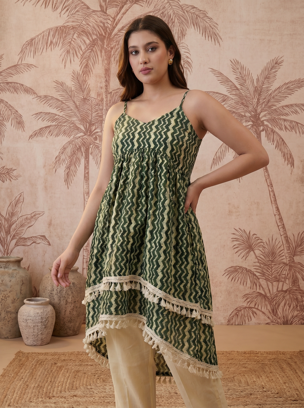 Green Ethnic Motif Print Shoulder Straps A-Line Kurta With Palazzo Kurta Set