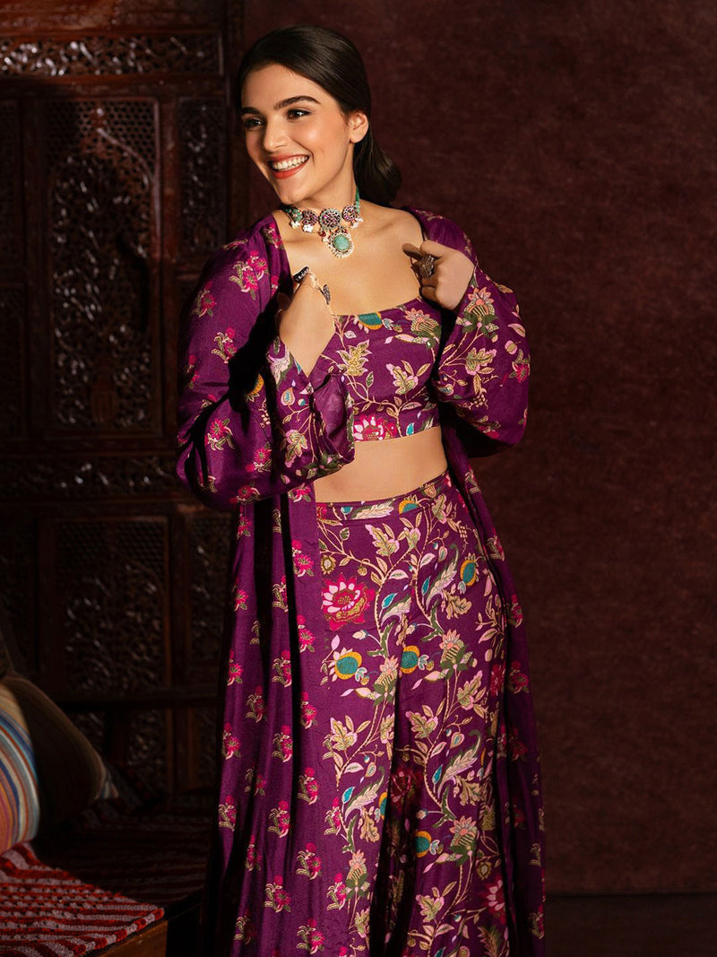 Floral Printed Shoulder Straps Top With Palazzo & Shrug
