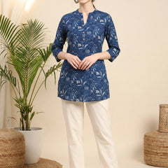 Indigo Blue Ethnic Motif Print Straight Short Kurtis