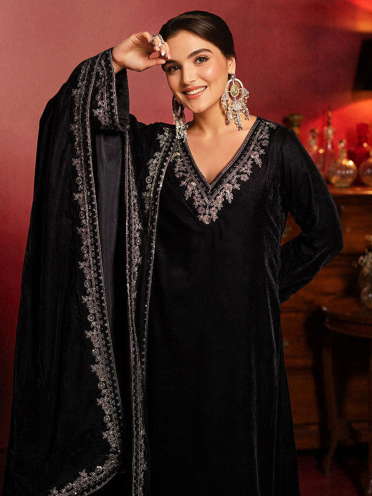 Black Embroidered Yoke Design Velvet Straight Kurta With Trousers & Dupatta Kurta Set