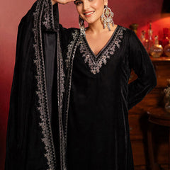 Black Embroidered Yoke Design Velvet Straight Kurta With Trousers & Dupatta Kurta Set