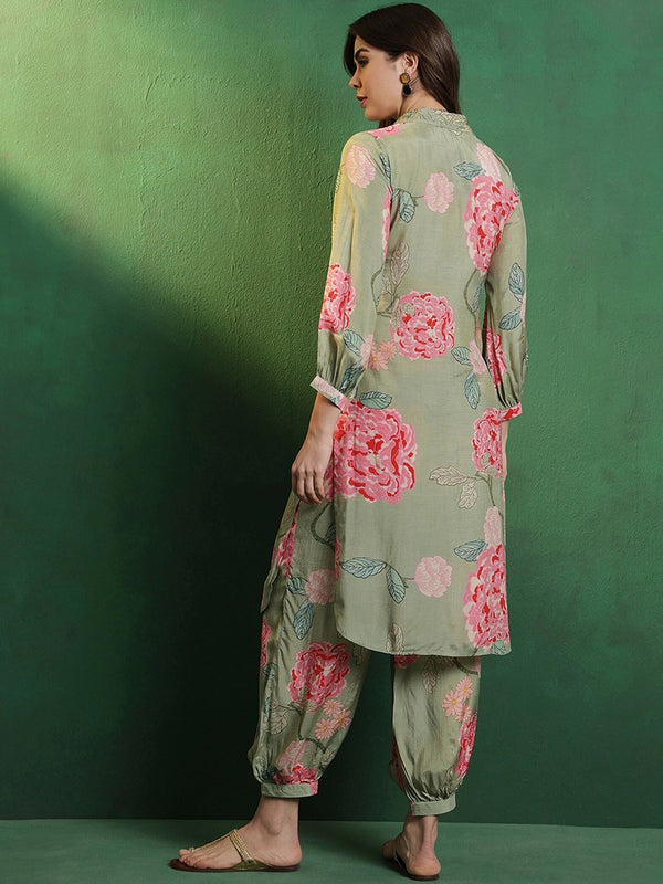Floral Printed Shirt Collar Mirror Work Pathani Kurta & Trousers