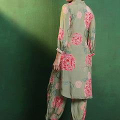 Floral Printed Shirt Collar Mirror Work Pathani Kurta & Trousers
