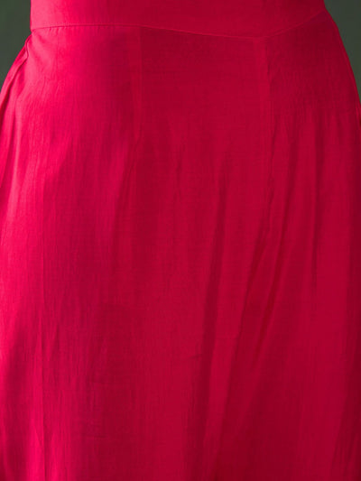 Fuchsia Geometric Embroidered Round Neck Mirror Work Kaftan With Trousers
